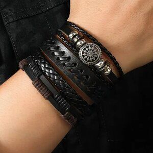 4pcs Punk Rockstar Hip Hop Woven PU Leather Mens Bracelet Set
